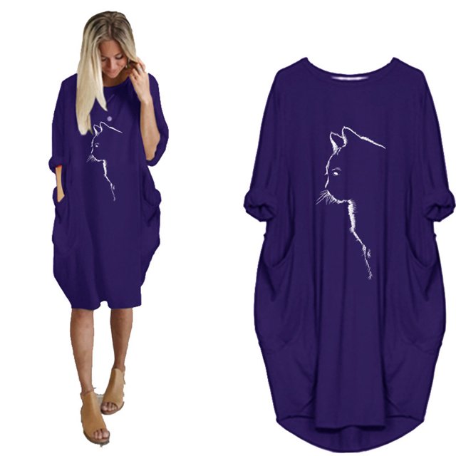 ICHUANYI Clearance Womens Jumper Oversized Printed Short Sleeve Pocket Pullover Mini Dress(Purple, XXL) ICHUANYI WER2023081013430