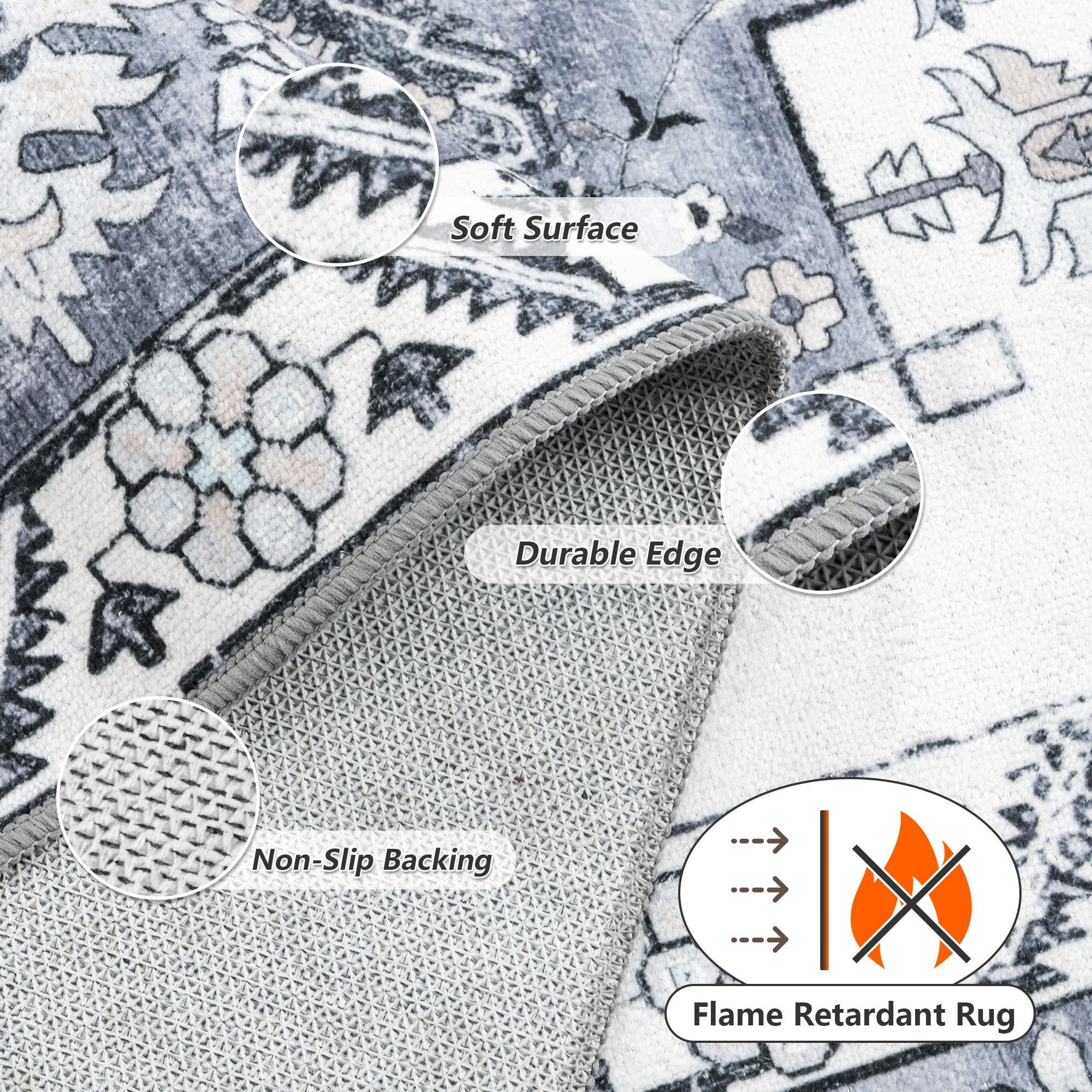 Wondo 6x9 Gray Area Rug - Machine Washable Non-Slip Rubber Backing, Low Pile Vintage Carpet for Living Room Bedroom Kitchen Dining Office