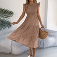 thumbnail image 6 of Women's Elegant Midi A-Line Dress Smocked Bodice Flutter Sleeve Mock Neck Tiered Swing Dress Flowy Lightweight Flattering Dress for Wedding Guest Party Sunday Brunch, 6 of 9
