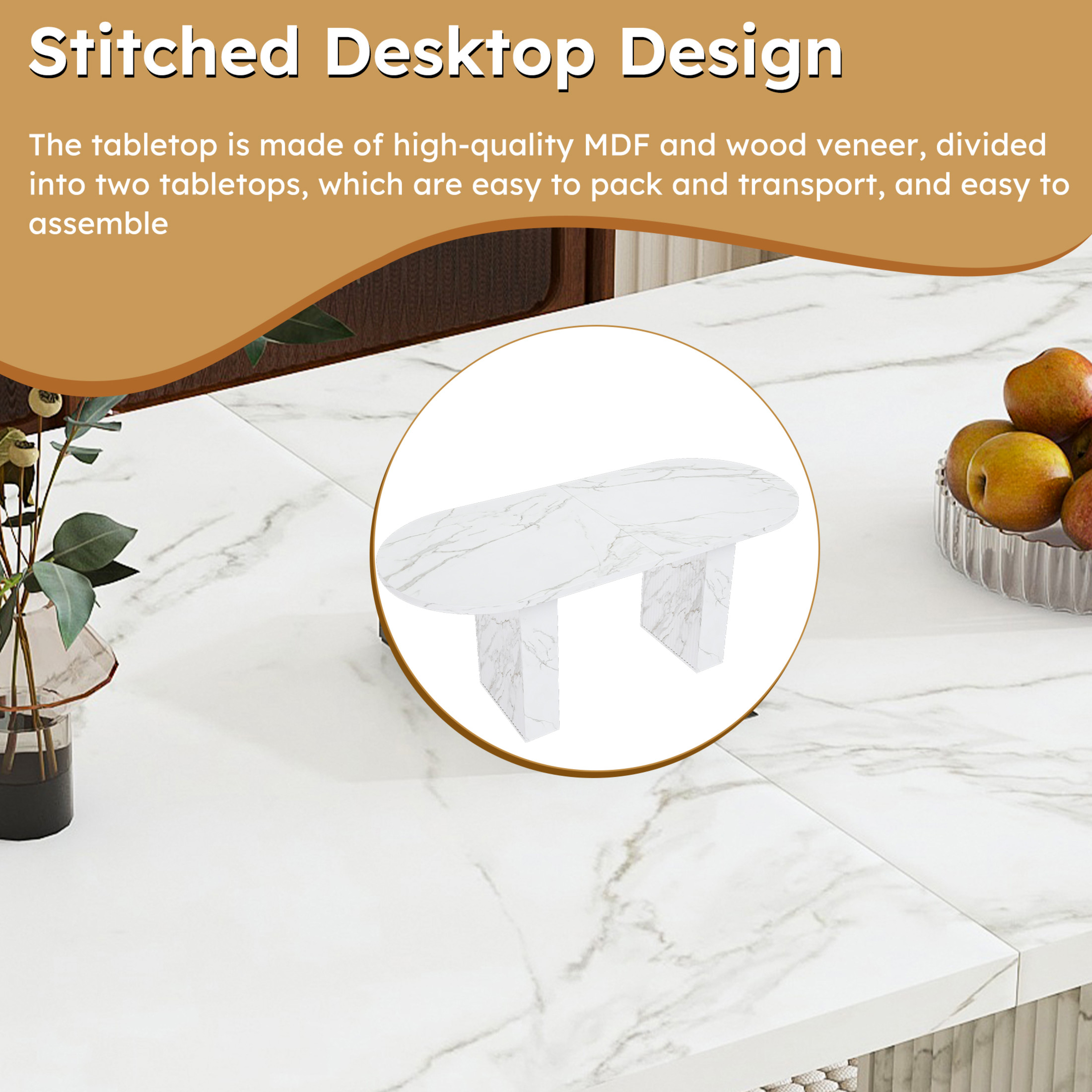 Noble House 63" Oval Dining Table for 6, Marble Top with Wood Strip Base, Modern Farmhouse Kitchen Table, White