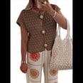 thumbnail image 2 of Suéter de Corta para Mujer, Cuello Redondo, Cárdigan de Punto de Crochet Calado, Camisas Casuales de Verano con Botones. Marrón S, 2 of 7
