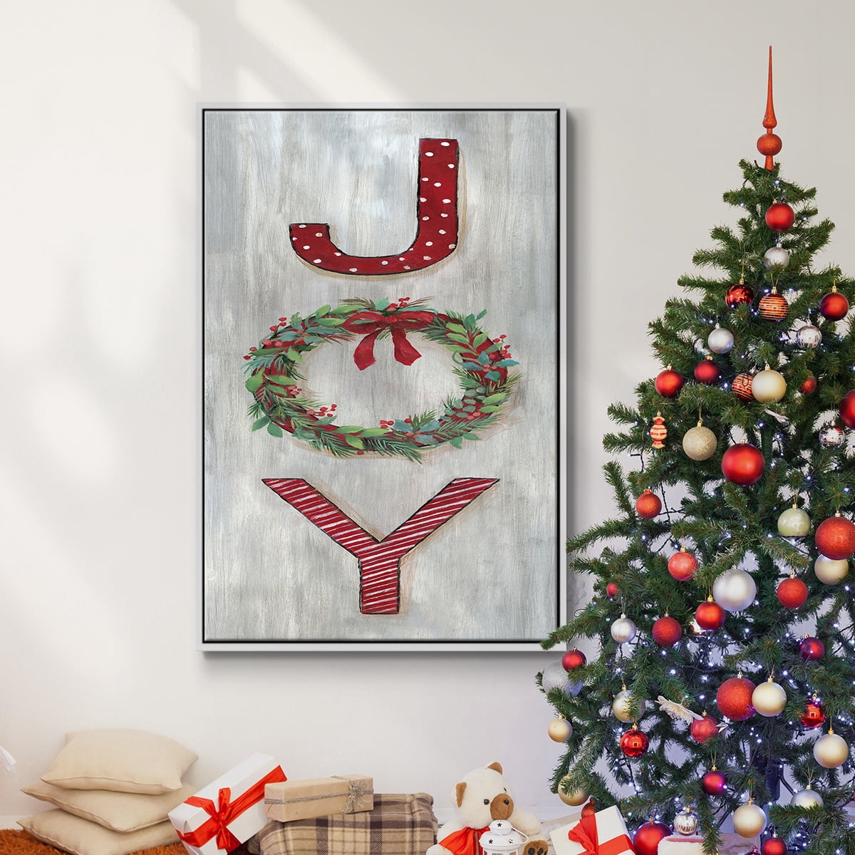 Joy - Framed Gallery Wrapped Holiday Canvas - 27 x 41 - White Frame