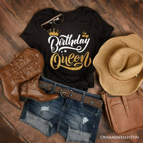 Birthday Queen T-Shirt, Black Glam Party Tee for Stylish Women
