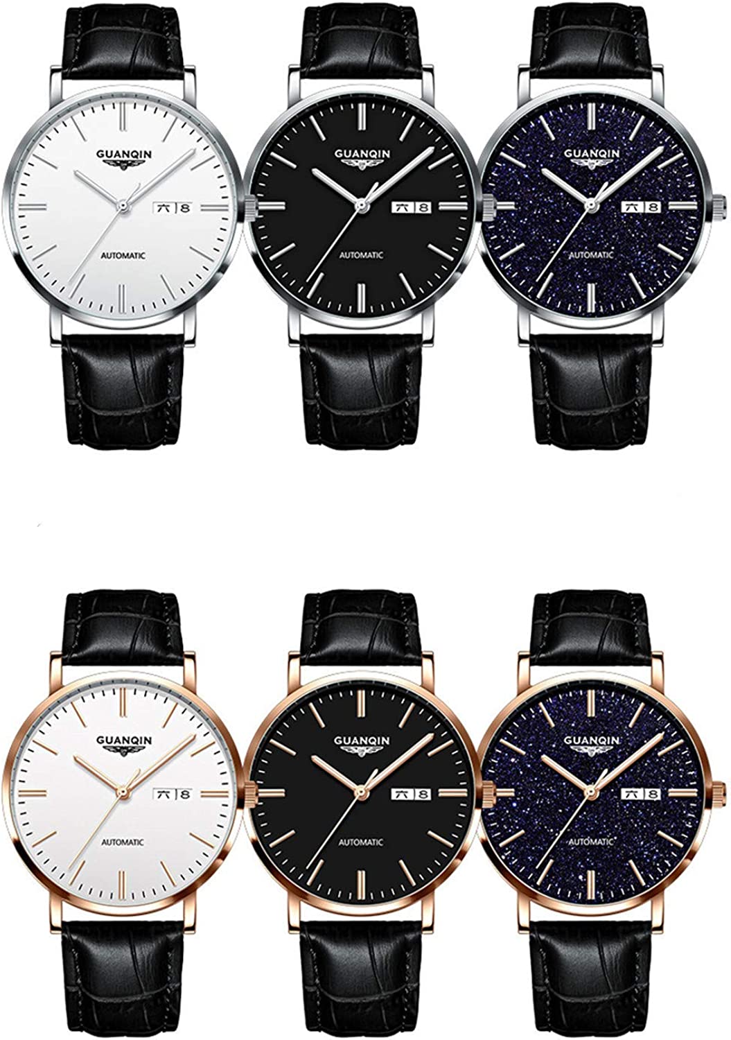 GUANQIN Automatic Mechanical Self Winding Watches for Men Day Date Luminous Steel Leather Wrist Watch