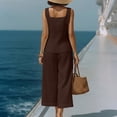 thumbnail image 4 of TEAJOPSUU Womens Summer Linen 2 Piece Solid Sets Matching Travel Outfits Sleeveless Square Neck Button Down Tank Tops Elastic Wide Leg Capri Pants Sets Brown, 4 of 6