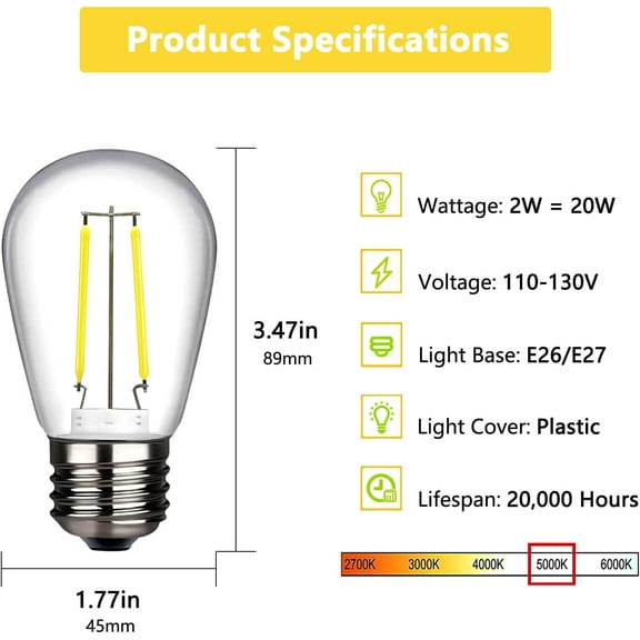 YJYASX-25-Pack LED S14 Bulbs 2W String Light Replacement Bulbs, Shatterproof Outdoor 20 Watt Equivalent 5000K Daylight S14 Light Bulbs for Patio Garden, Clear Plastic Cover E26 Base, Non-Dimmable