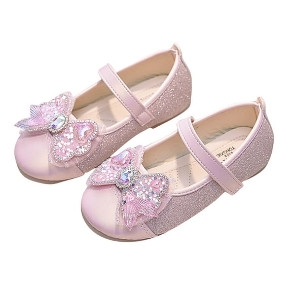 LLYWEY Toddler Princess Dress Shoes, Girls Flats, Big Kids Closed Toe Low Heels Birthday Party Wedding Ankle Strap Glitter Dance Shoes with Bow, Style S-14, Pinks, 28
