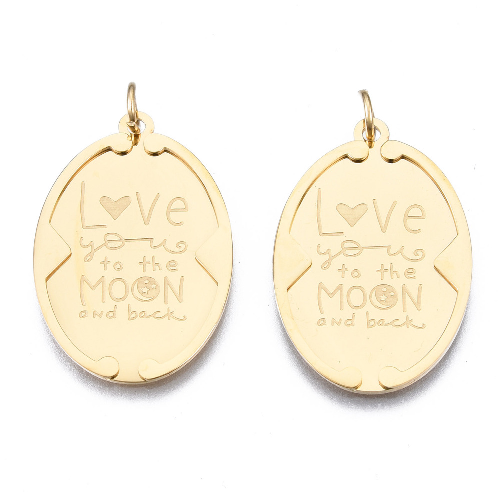 316 Surgical Stainless Steel Pendants with Jump Rings Oval with Word Love Moon Real 14K Gold Plated 27.5x18x1.5mm Hole: 3mm Jump Ring: 5x1mm