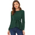 thumbnail image 1 of Allegra K Top elegante de manga larga de punto elástico con cuello redondo para mujer Verde L, 1 of 4
