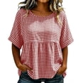 thumbnail image 6 of ClodeEU Women's Plaid Round Neck Short Sleeve Babydoll Blouse,Casual Summer Peplum Top Red,Women's Plus L, 6 of 9