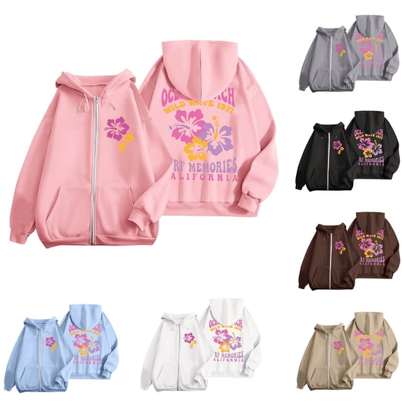 larppty Puff Print Lettering Oversized Full Zip Hoodie with Pocket - Y2K Preppy Pullover for Women Teens Girls（Beige，M）