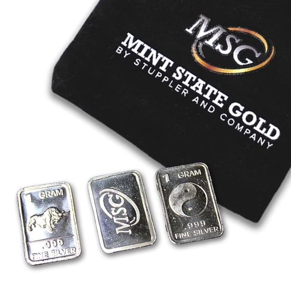 Three (3) One Gram .999 pure Silver Bars with random designs in a jewelry pouch (Made in China)