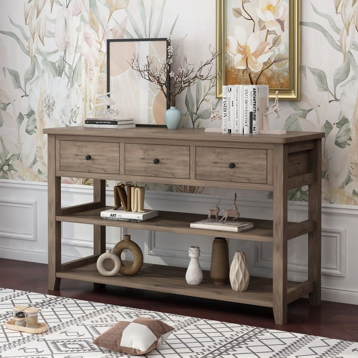 Farmhouse Vintage Console Table, 47.2" Wash Gray Sofa Table with 4 Drawers & Open Shelf, 200lb Capacity for Entryway, Living Room, Bedroom