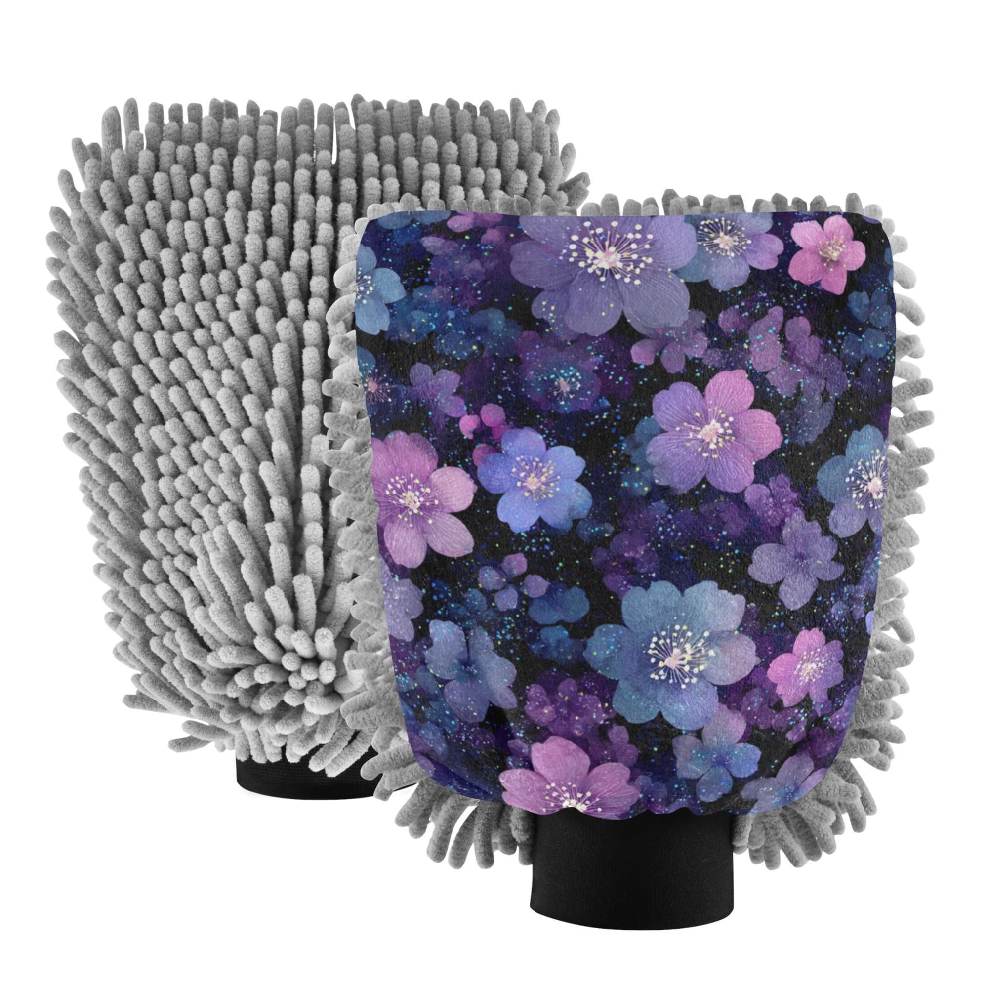 Microfiber Car Wash Gloves With Chenille & Polyester Terry Scratch-Free Cleaning Elastic Cuffs Blue-purple Flowers