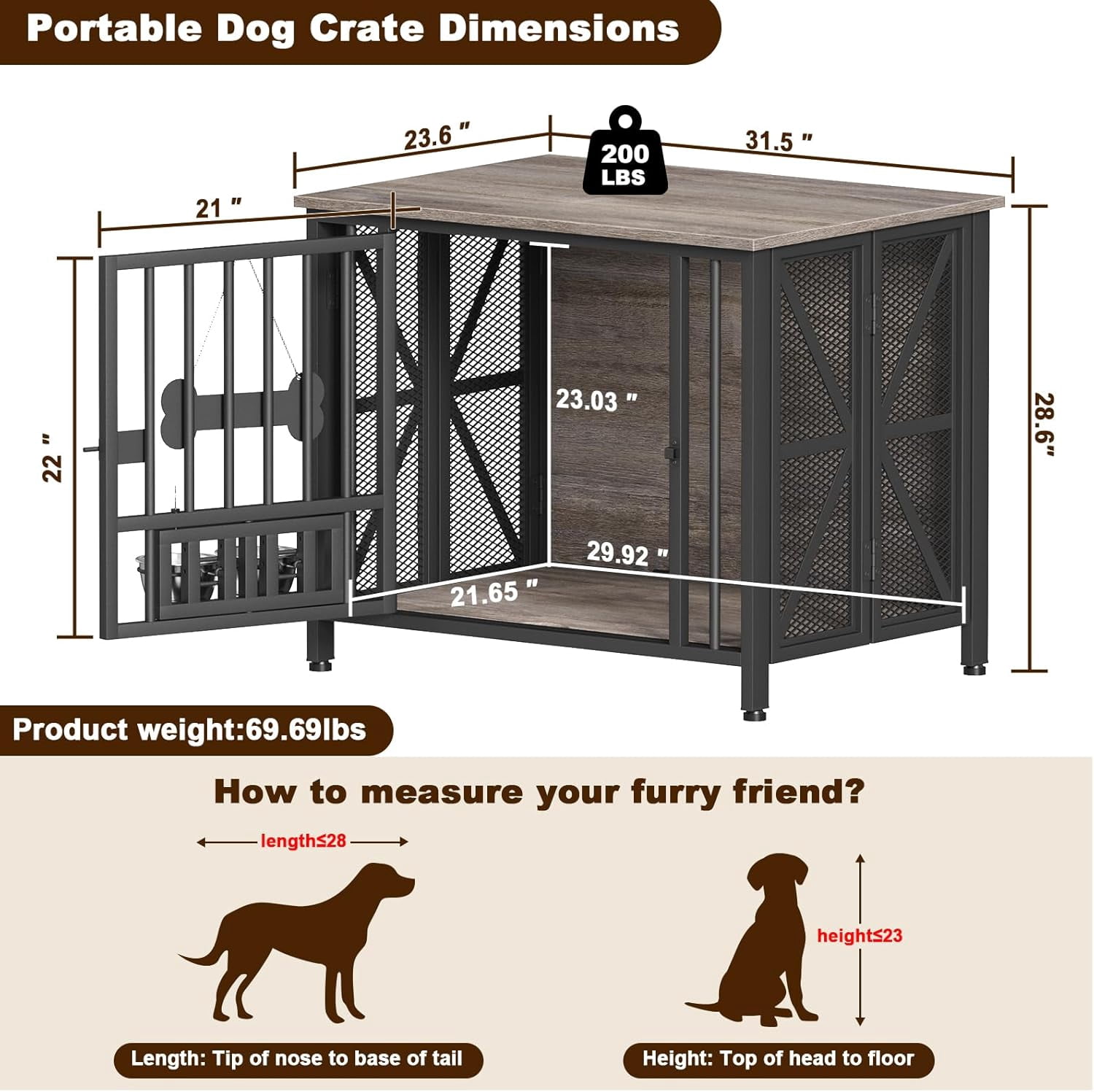 POAO 31.5"Assembly-Free Dog Crate Furniture for Small Dog, Foldable Dog Kennel Indoor with Tag &Adjustable Dog Bowls, Wooden Dog Cage,End Table