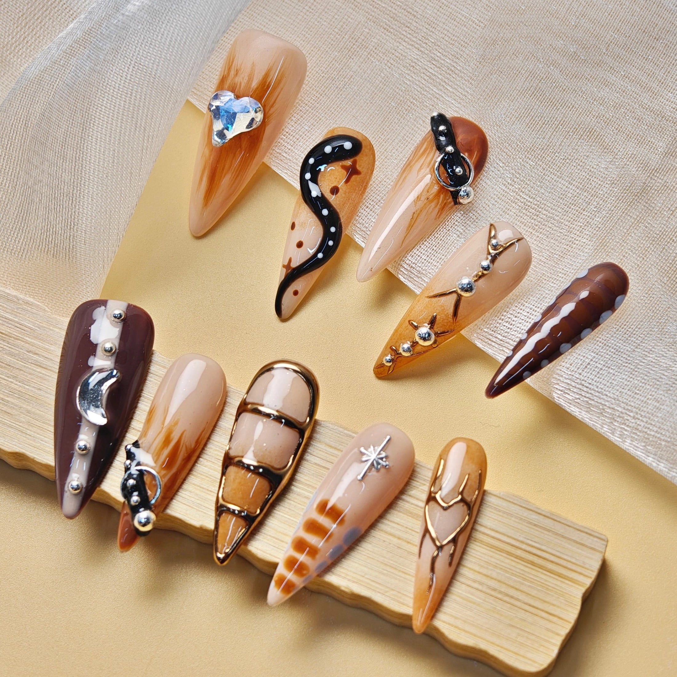 10pcs Stiletto Handmade Press On Nails, Y2K Goth Style, Brown 3D Snake Heart Star Design, Suitable For Summer Party, For Women Girls
