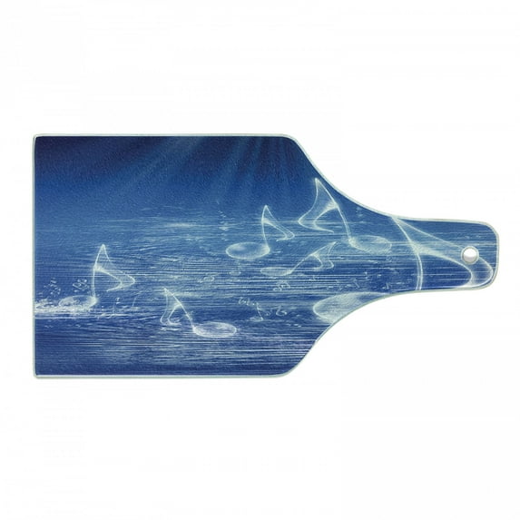 Music Cutting Board, Water Musical Notes Bubbles Dancing Waves Fantasy More Than Real Theme, Decorative Tempered Glass Cutting and Serving Board, Wine Bottle Shape, Blue, by Ambesonne
