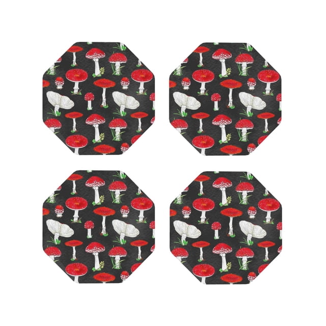 Vsdgher sous-Verres en Cuir Imprimé Champignons Rouges pour Boissons, Ensemble de 4 sous-Verres Durables pour Protection de Table, Décoration Intérieure Luxueuse et Cadeau de Pendaison de Crémaillère-Octogone