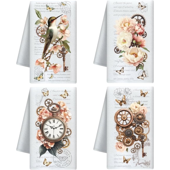 Vintage Gear and Flower Decorative Kitchen Towels Set of 4 Soft Absorbent Microfiber Dish Towel for Kitchen Tea Coffee Bar Home Best Gift for Housewarming Christmas Thanksgiving Birthday diy