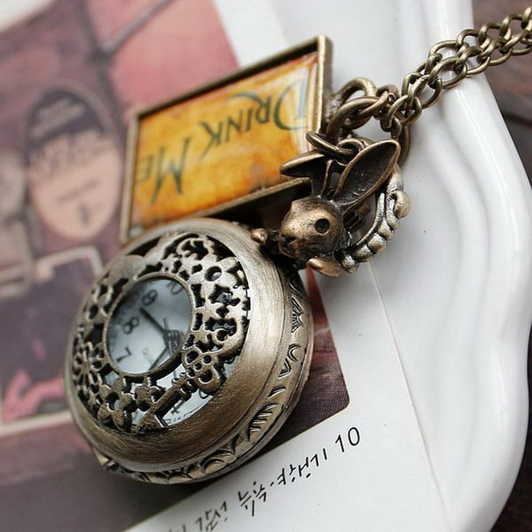 Alice In Wonderland Drink Me Antique Bronze Pocket Watch Necklace - Tree  House Books