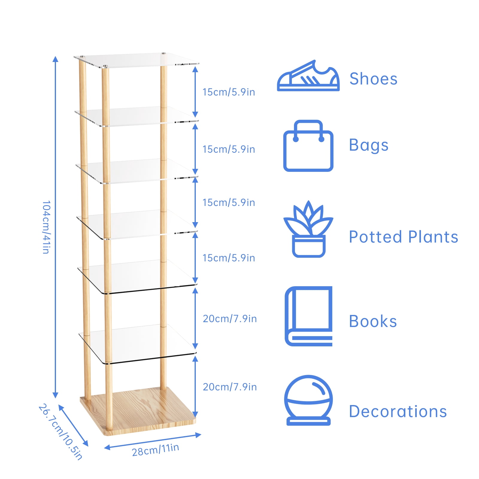 NiHome 7-Tier Vertical Acrylic Shoe Rack, Easy No-Tool Assembly Space-Saving Shoe Organizer for Entryways, Closets, Dorm Rooms, 11"x10.5"x41" Versatile Storage for Shoes, Boots, Books and More