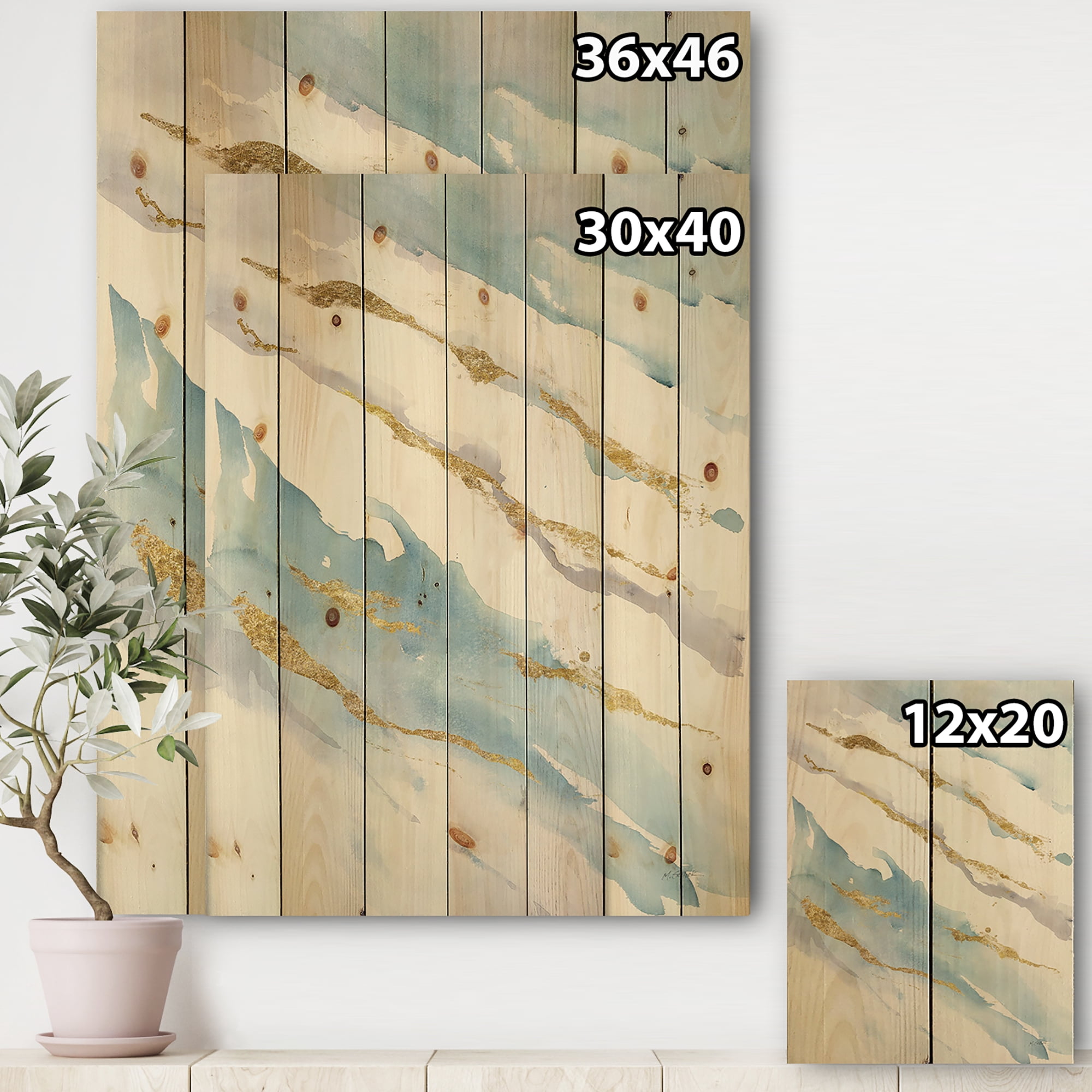 Designart 'Abstract Drift Blue and Gold' Posh & Lux Print on Natural Pine Wood