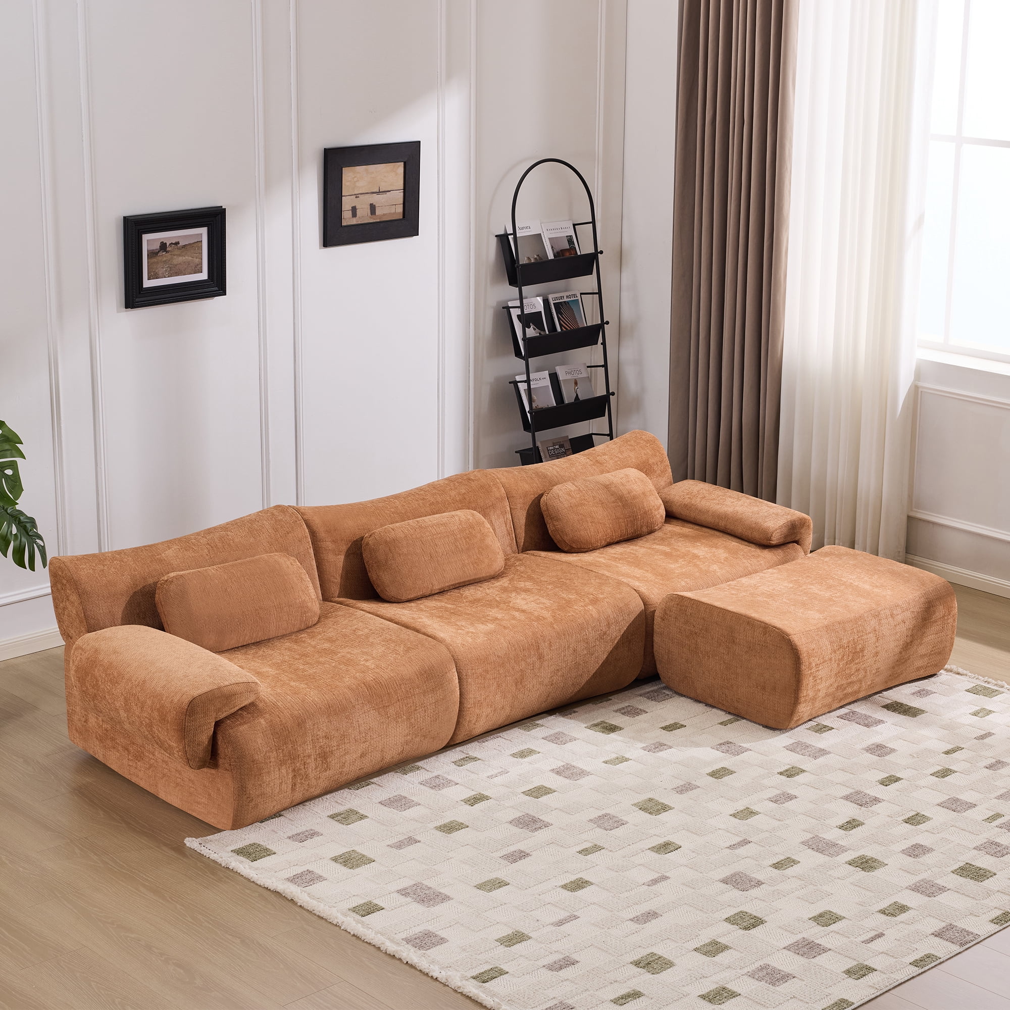 BSHTI 107.9" Chenille Sectional Sofa with 3 Pillows, Comfortable L Shaped Sofa with Premium Fabric and Modern Design for Living Room(Orange)