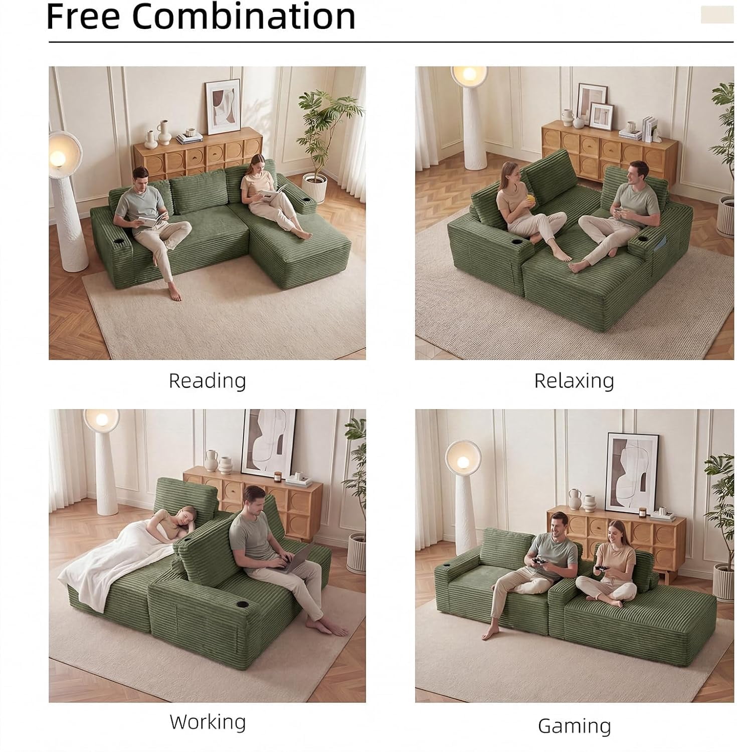104" Cloud Modular Sectional Sofa, Corduroy Boneless L-Shape Chaise Couch with Deep Seat for Living Room Bedroom, No Assembly Required