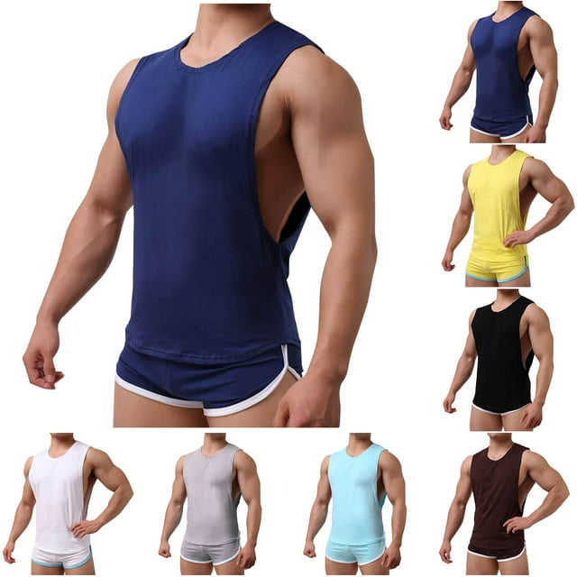 Man Casual Loose Solid-Color Sports Shorts Round-Neck Tank Sets