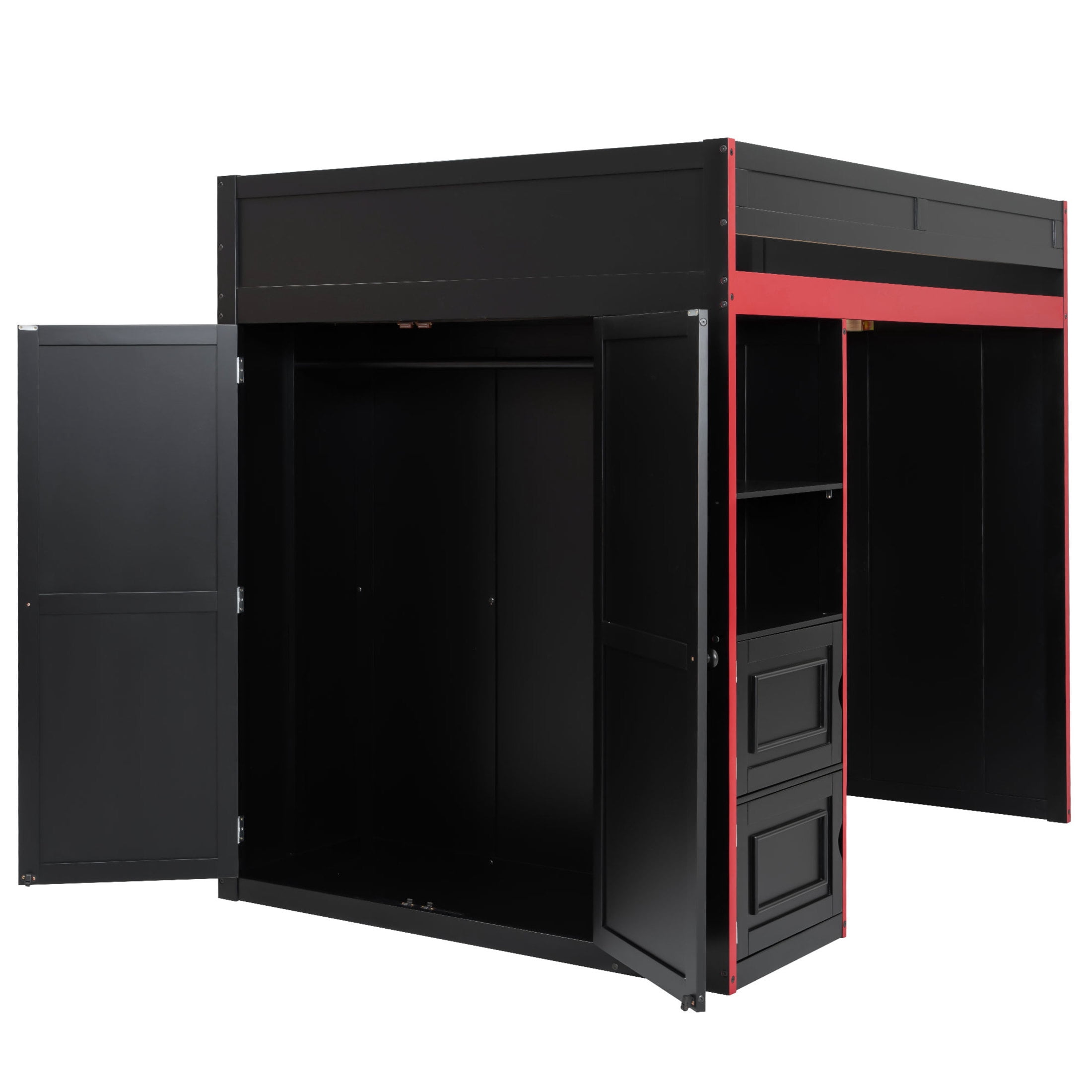 Noble House Mira Full Gaming Loft Bed, Desk with Storage Locker & LED Lights, Solid Wood Frame, Black and Red