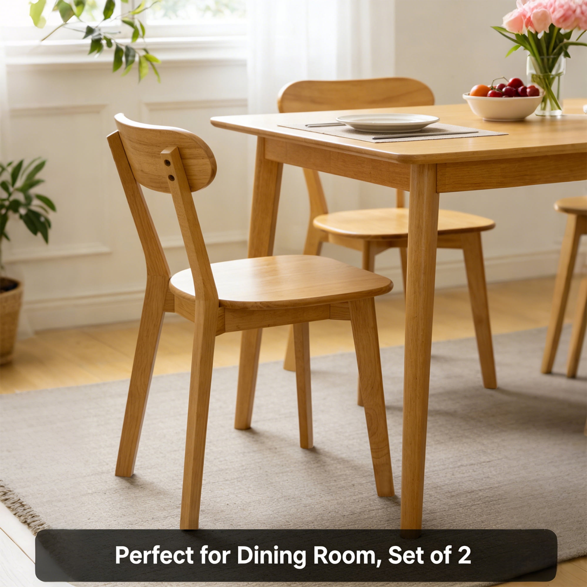 Leumius Dining Chairs Set of 2, Mid Century Modern Solid Wood Dining Chairs with Curved Backrest, Kitchen Chair with Adjustable Foot Pads for Dining Room Kitchen Living Room Study, Natural