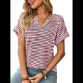 thumbnail image 2 of Blusas Elegantes e Informales de Corta para Mujer, Modernas, de Verano, con Cuello en V, Holgadas y A Rayas. Vino Tinto XL, 2 of 9