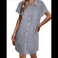 thumbnail image 1 of Vestido Camisero Informal de Verano para Mujer, de Algodón y , con Cuello en V, Botones, Corta y Cintura Holgada, Azul Marino A Rayas, Talla M, 1 of 8