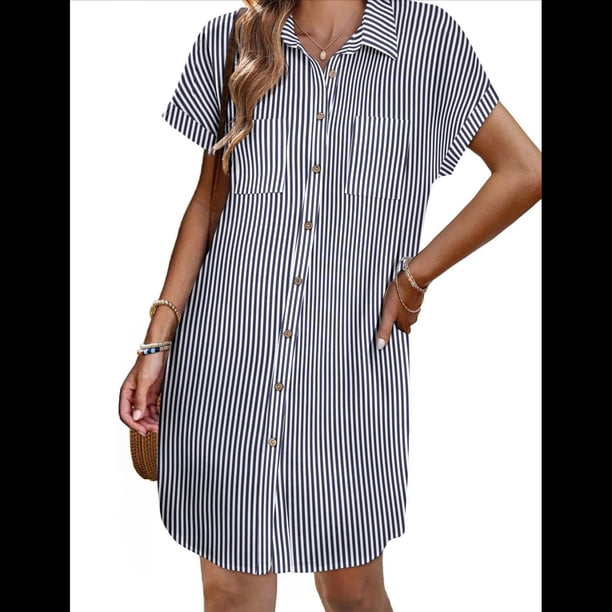 Vestido Camisero Informal de Verano para Mujer, de Algodón y , con Cuello en V, Botones, Corta y Cintura Holgada, Azul Marino A Rayas, Talla XL