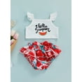 thumbnail image 2 of Seyurigaoka 2Pcs Baby Girls Sweet Style Outfit, Summer Letter Fly Sleeve Suspender Tops + Watermelon Printing Flouncing Splicing Shorts, 2 of 8
