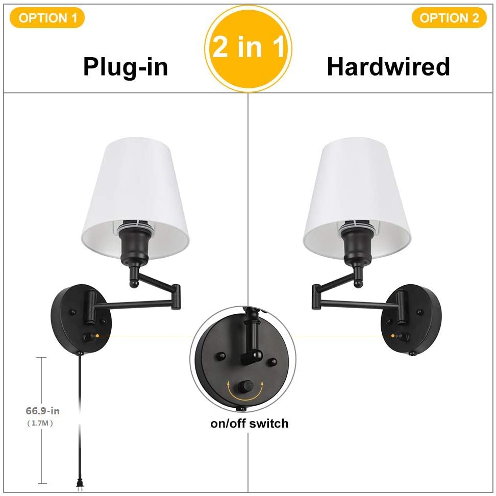 Adjustable Swing Arm Sconces 2 Pack Wall Lamps with White Shade & Black Metal (Bulbs Not Included)
