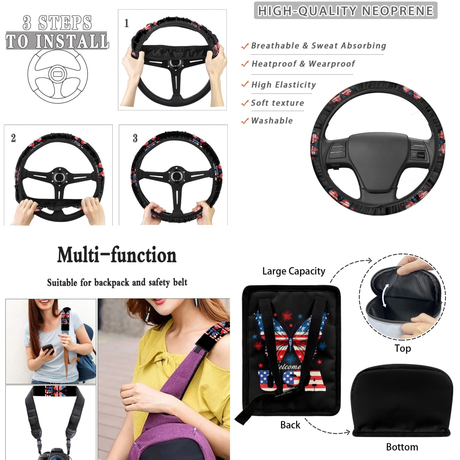 Yuyamidu Butterfly Car Seat Covers Full Set of 15 American Flag Steering Wheel Cover Seat Belt Covers Trash Box Air Vent Pouch Rear View Mirror Cover Auto Coasters Keychain Wristlet Strap
