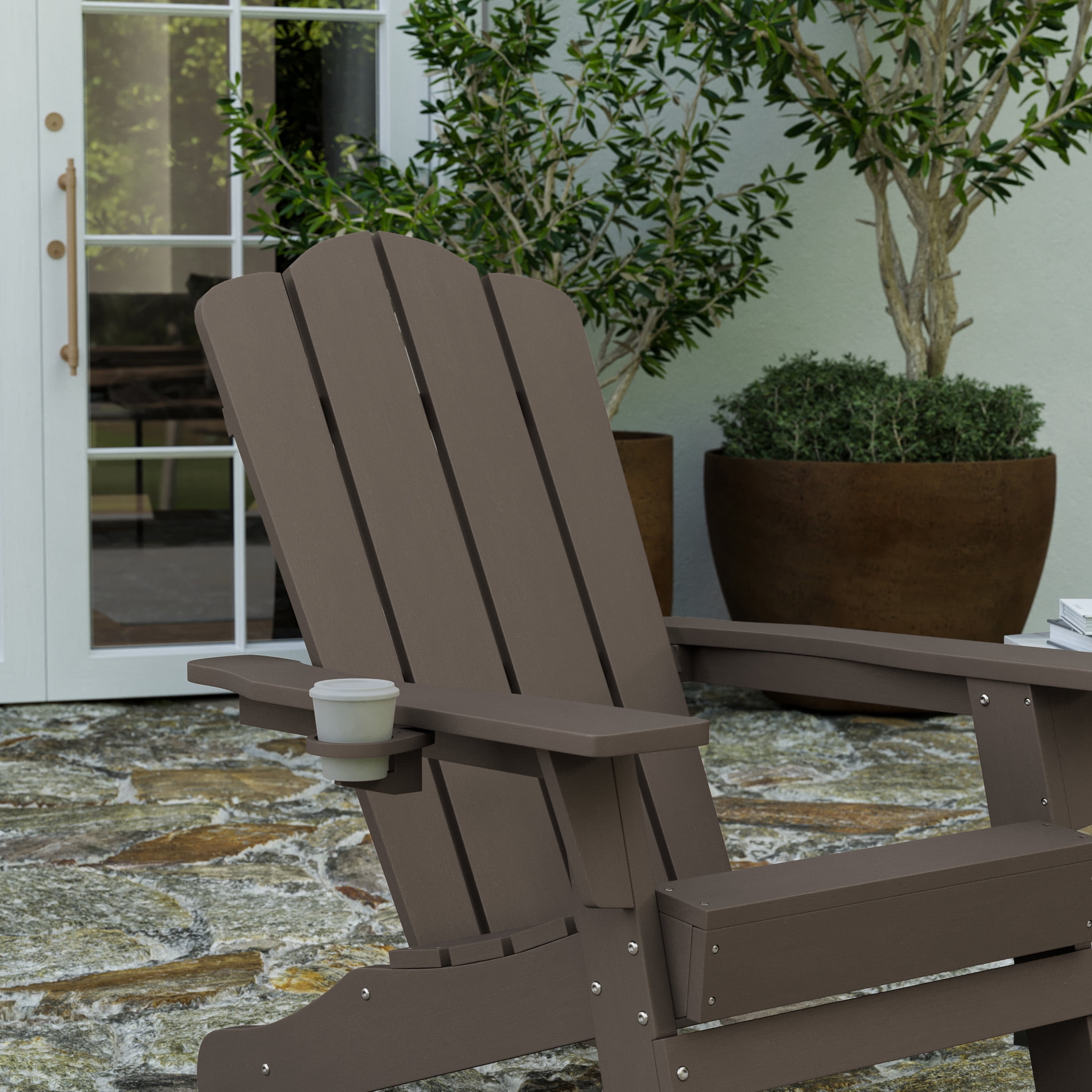 Merrick Lane Adirondack Chair with Cup Holder, Weather Resistant HDPE Adirondack Chair in Brown