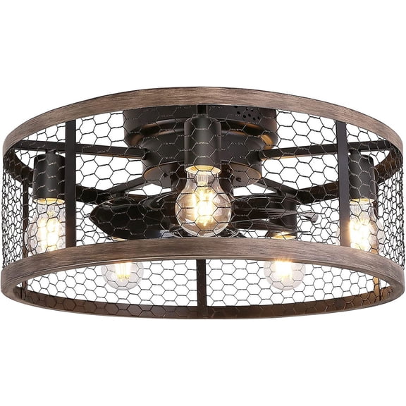 Caged Industrial Ceiling Fan with Remote, 20 inch Small Flush Mount for Low Ceiling, Energy Efficient Reversible DC Motor, 7-Blade Design for Farmhouse, Garage, Kitchen