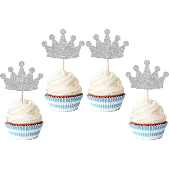 Silver Glitter Crown Cupcake Toppers, Princess Crown Cake Picks for Wedding, Birthday, Baby Shower Party Decorations, 10 Pack