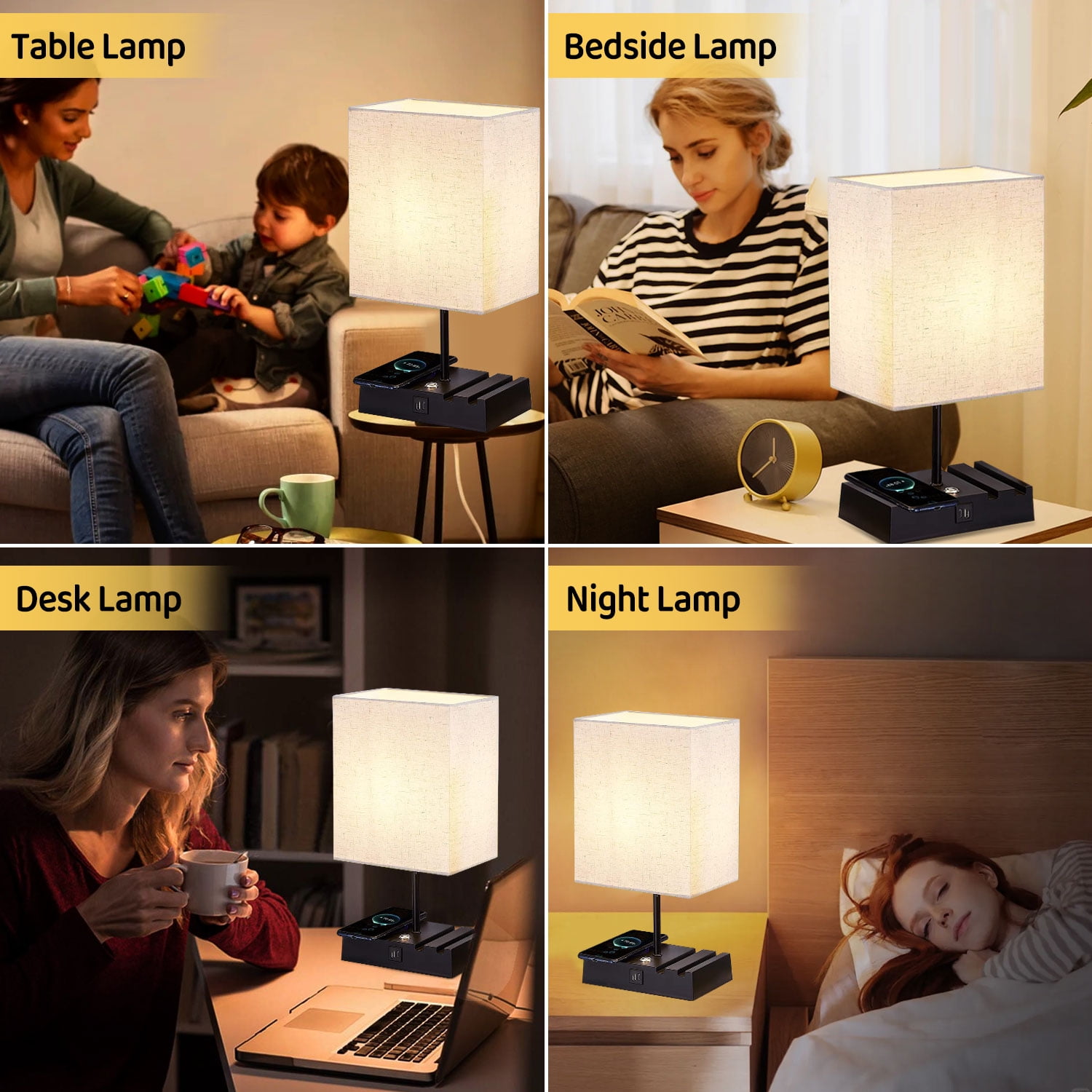 HadinEEon 15.9" Iron Bedside Table Lamp with Off-White Shade
