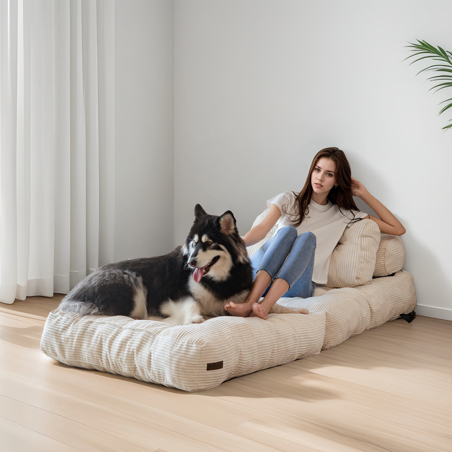 BYBYME Folding Sofa Bed,Convertible Floor Couch for Adult with Pillow with High Density Foam Filling,Comfort Floor Sofa Portable Sleeper Chair for Bedroom Living Room,Beige,Single