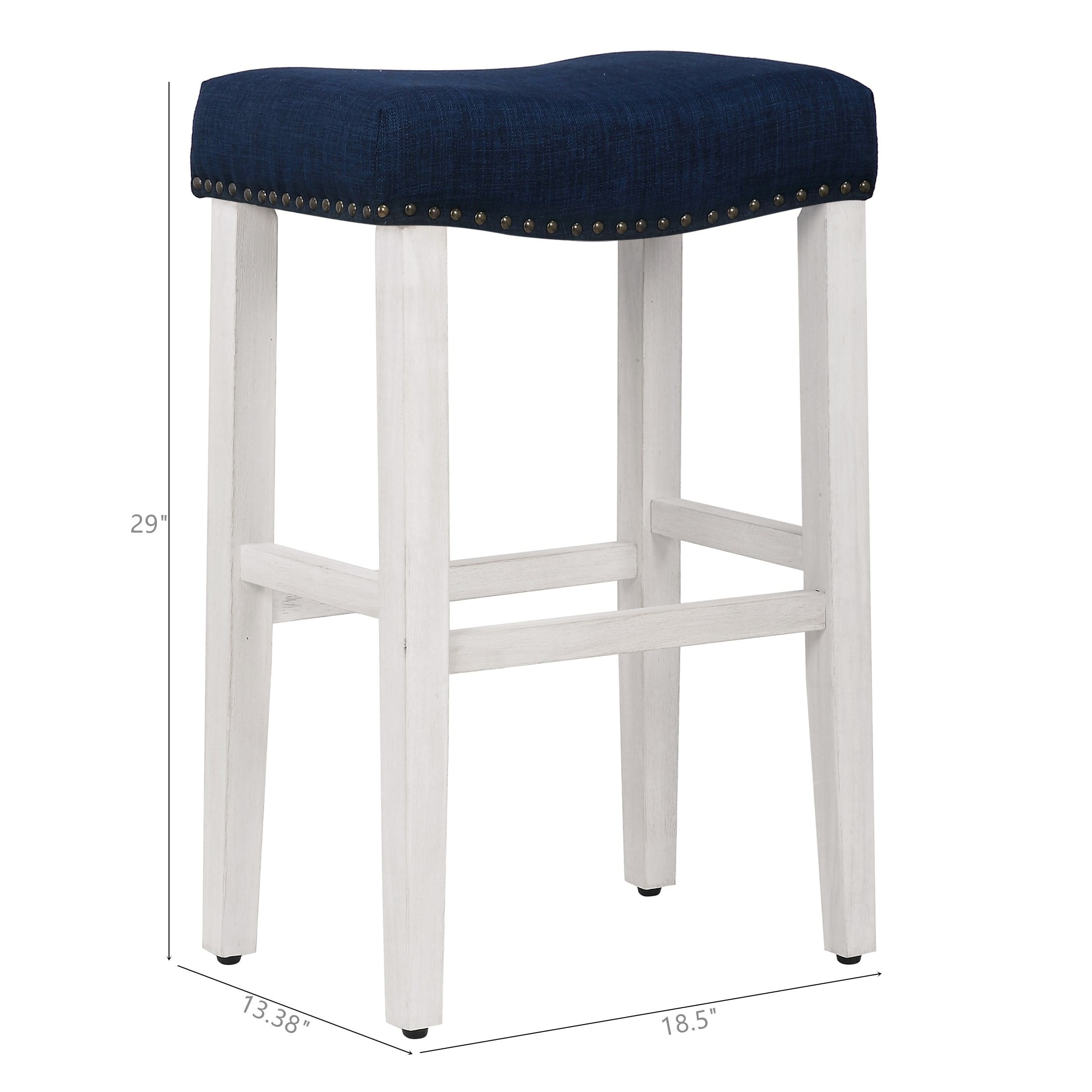 Polytrends Jameson Upholstered Polyester 29" Bar Stool with White Legs - (Set of 2) Antique White/Navy Blue