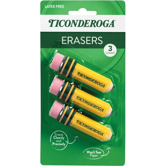 TICONDEROGA Erasers, Pencil Shaped, Latex-Free, Yellow, 3-Pack (38953) Yellow, 3 Count