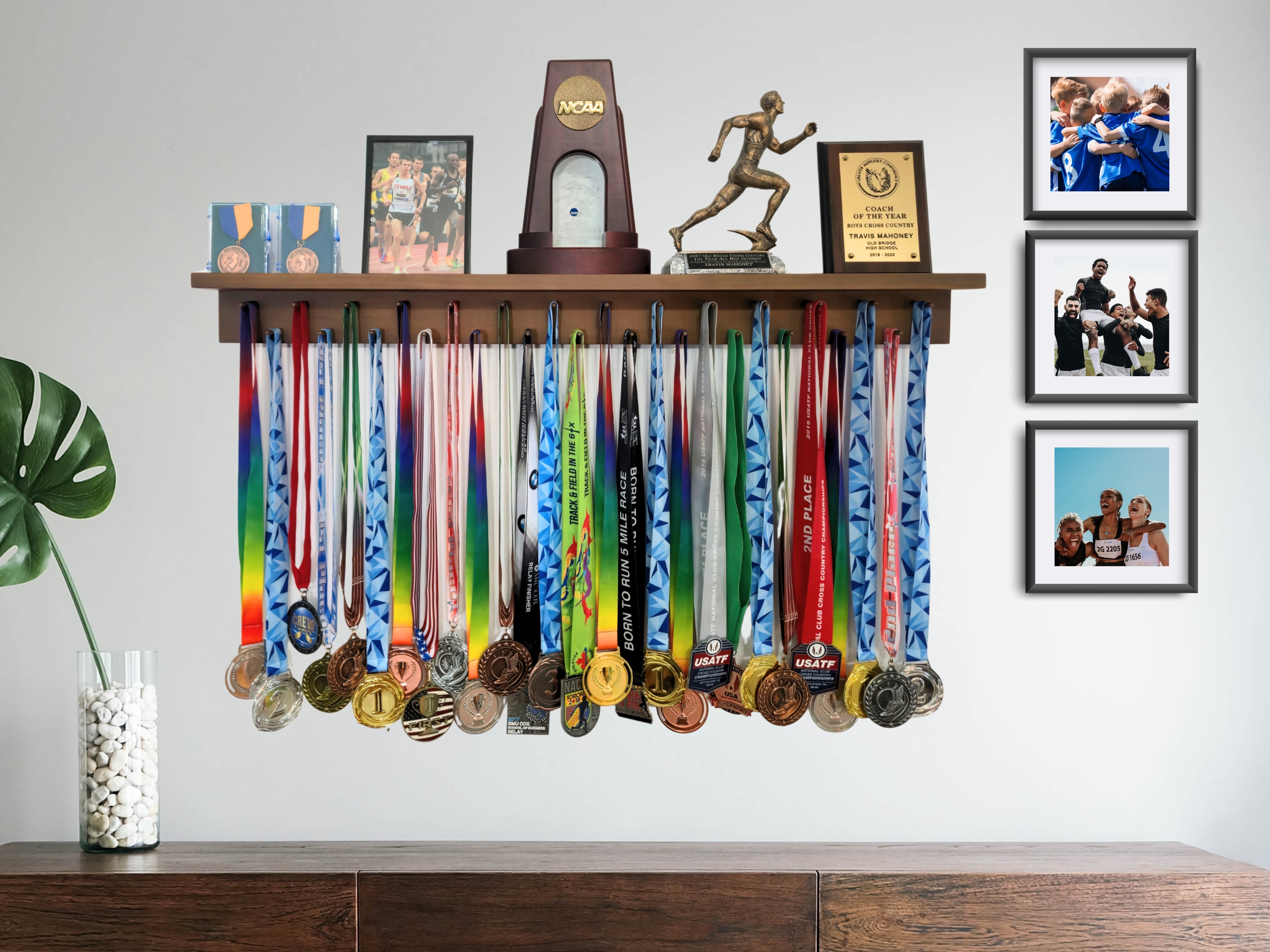 Medal Awards Rack Trophy Shelf and Award Display Rack (36" Walnut) Medal Hanger with Shelf