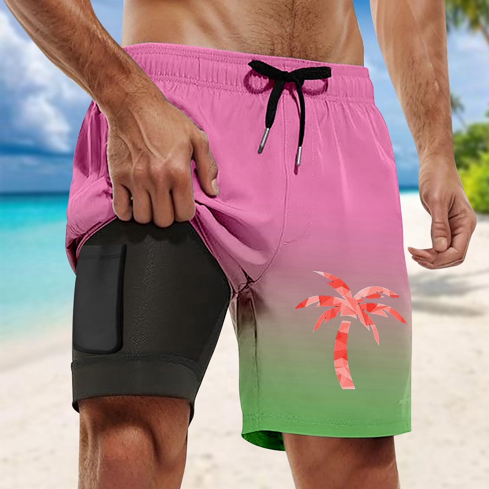 Sports Shorts for Men Animal Print Short Sleeved T Shirt Capybara Mental State Swim Bottoms for Men,Pink,3XL