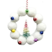 Holiday Time White and Colorful Pom Pom with Christmas Tree Wreath Ornament