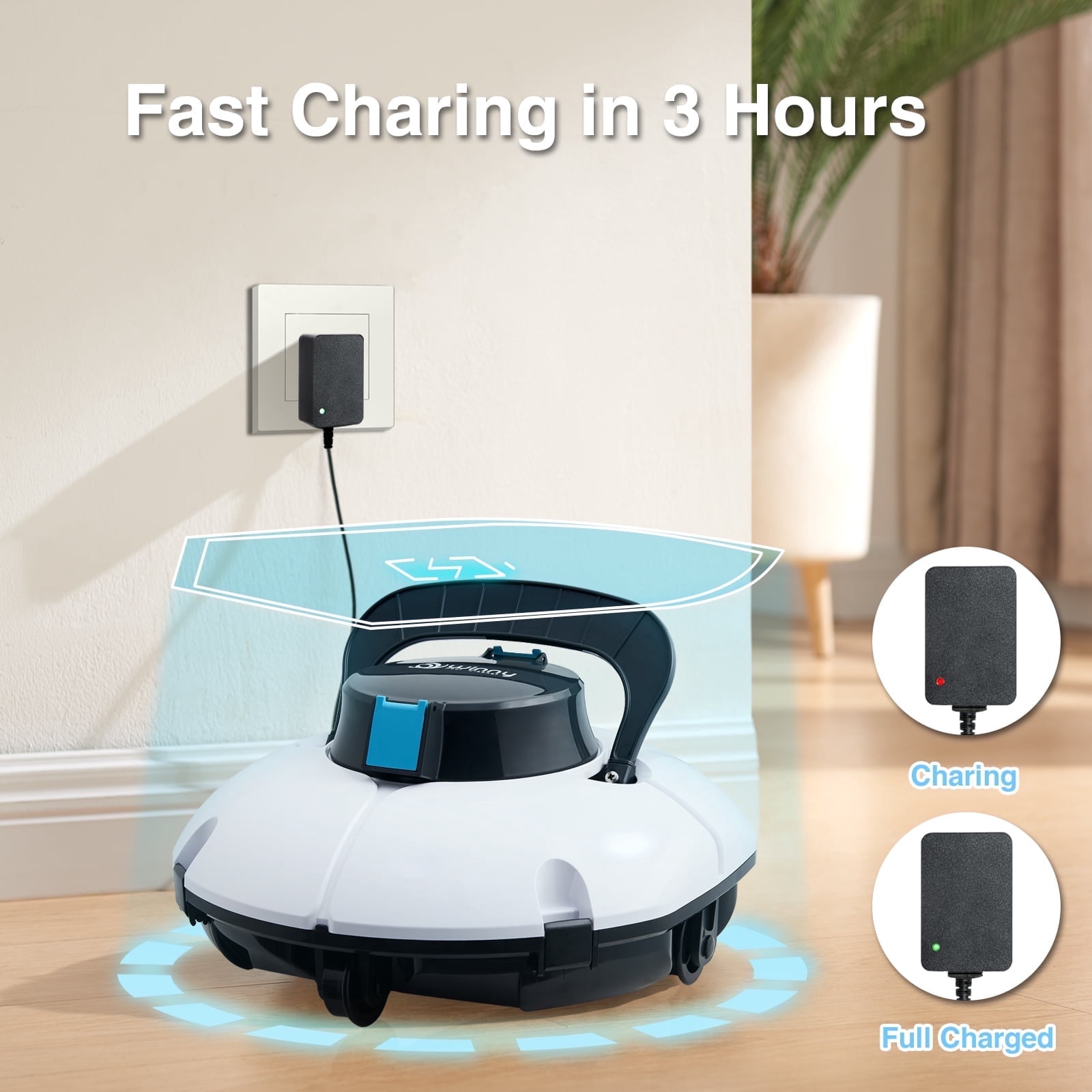 Cordless Robotic Pool Cleaner, Winny Pool Cleaner Automatic Pool Vacuum with Dual Filters, 80 Mins Runtime, Ideal for Flat Above Pools Up to 645 Sq.Ft (White and Blue)