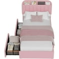 thumbnail image 2 of ChaoLink Twin Bed Frame with Storage Headboard, Girls Bed with 2 Drawers, Boucle Upholstered Platform Bed, Bookcase, No Box Spring Needed, Easy Assembly, Pink, 2 of 7