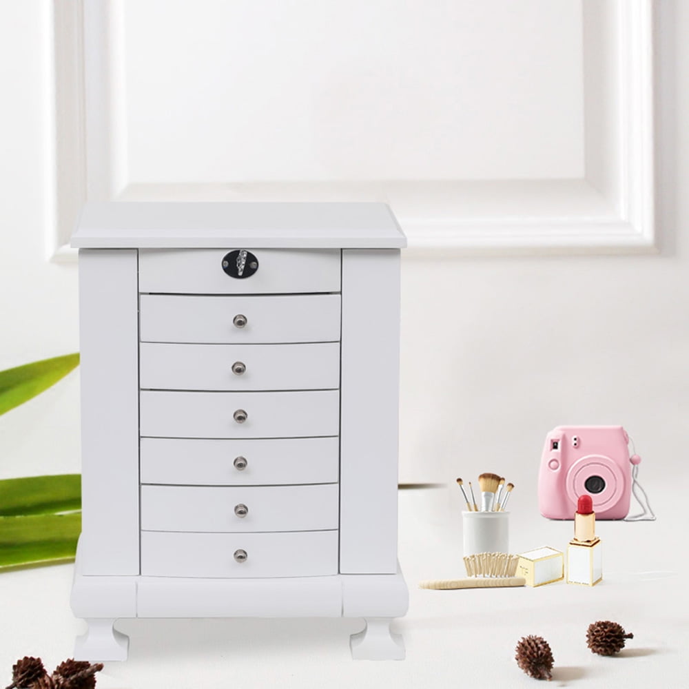 Kepooman 7 Layers Wooden Jewelry Box Case with Lock, Women' s Jewelry Display Storage Case Holder for Necklaces Rings Earrings Watches, White Kepooman 7 Layers Wooden Jewelry Box Case with Lock, Women' s Jewelry Display Storage Case Holder for Necklaces Rings Earrings Watches, White